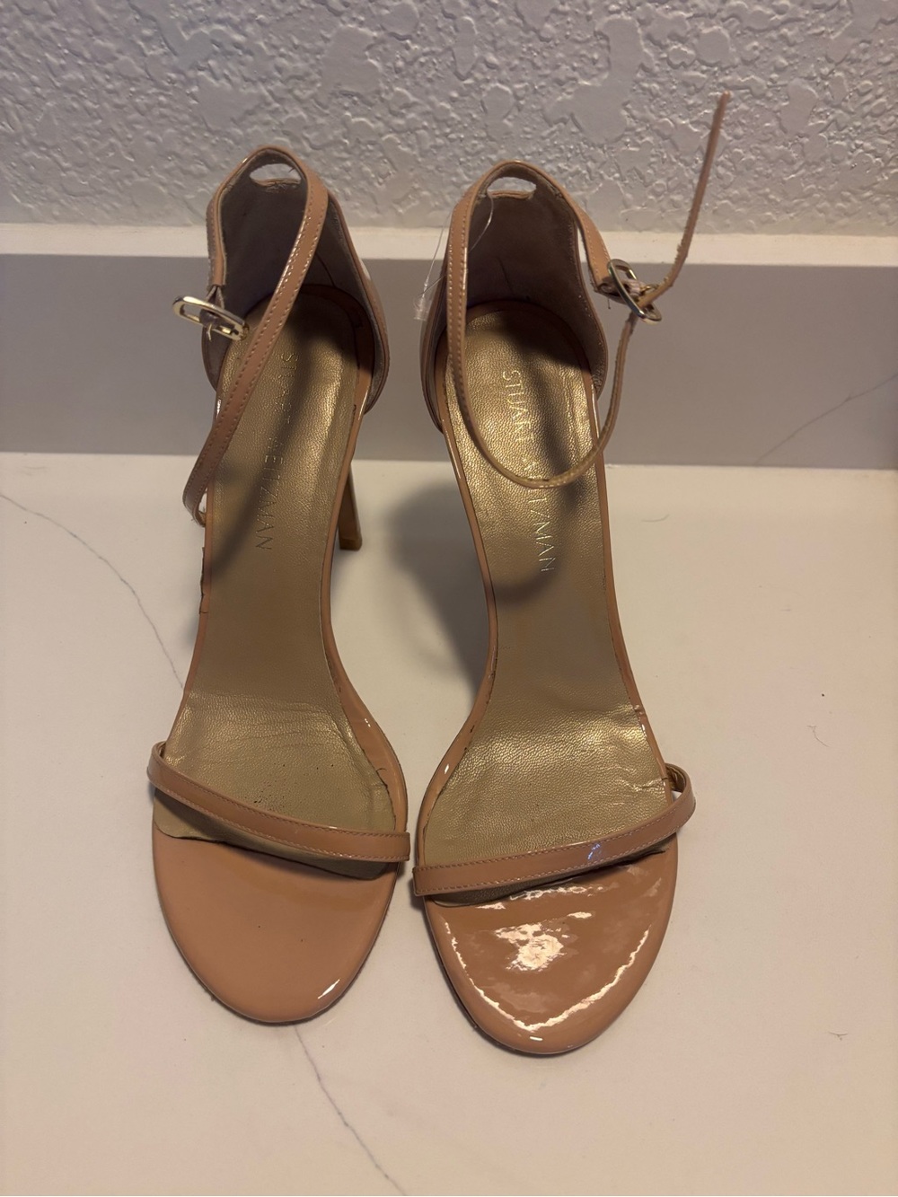 Stuart Weitzman Nude Patent Ankle-Strap Heels